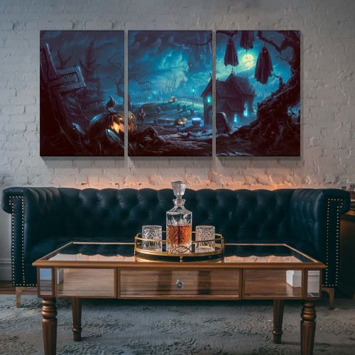 Modern Halloween Painting on Canvas 3 Panels Pictures Wall Art for Living Room Home Decor Wooden Framed Stretched Ready to Hang 1216inch Thickness 1.5